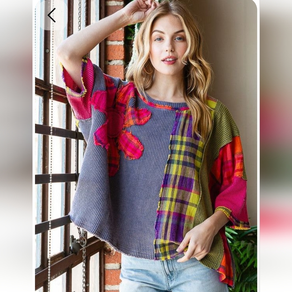 Oli & Hali Colorblock Patchwork Knit Blouse in Gray, Pink, Green, Yellow